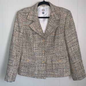 Talbots Wool Blazer Size 8 Tan Gold Brown Tweed Three Button Front Two Pockets
